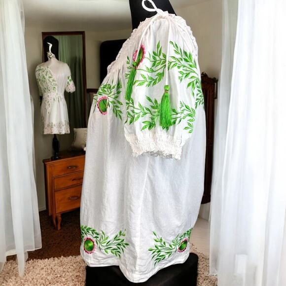 NWT - GRETCHEN SCOTT Off Shoulder Garden Embroidered White/Green & Pink Top XXS - Picture 5 of 7